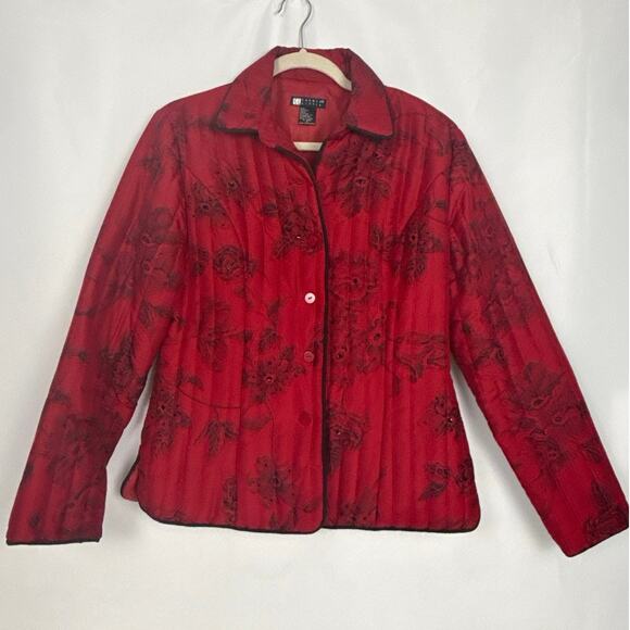 Carole Little Jackets & Blazers - Carole Little Womens Silk Quilted Floral Jacket Size M Red Black Vintage